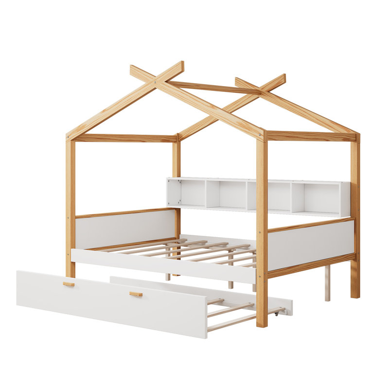 Lit maison blanc en bois pleine grandeur avec accents de couleur bois original, Twin
