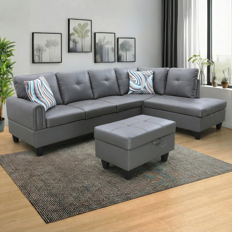 Canapé modulaire en similicuir 3 pièces, Similicuir gris, Orienté à droite