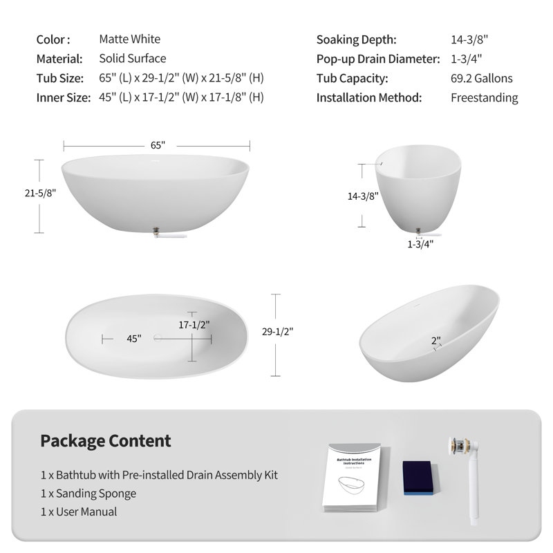 Baignoire de trempage autoportante 65 po x 30 po en résine de pierre avec trop-plein, bonde escamotable, blanc mat, Blanc mat