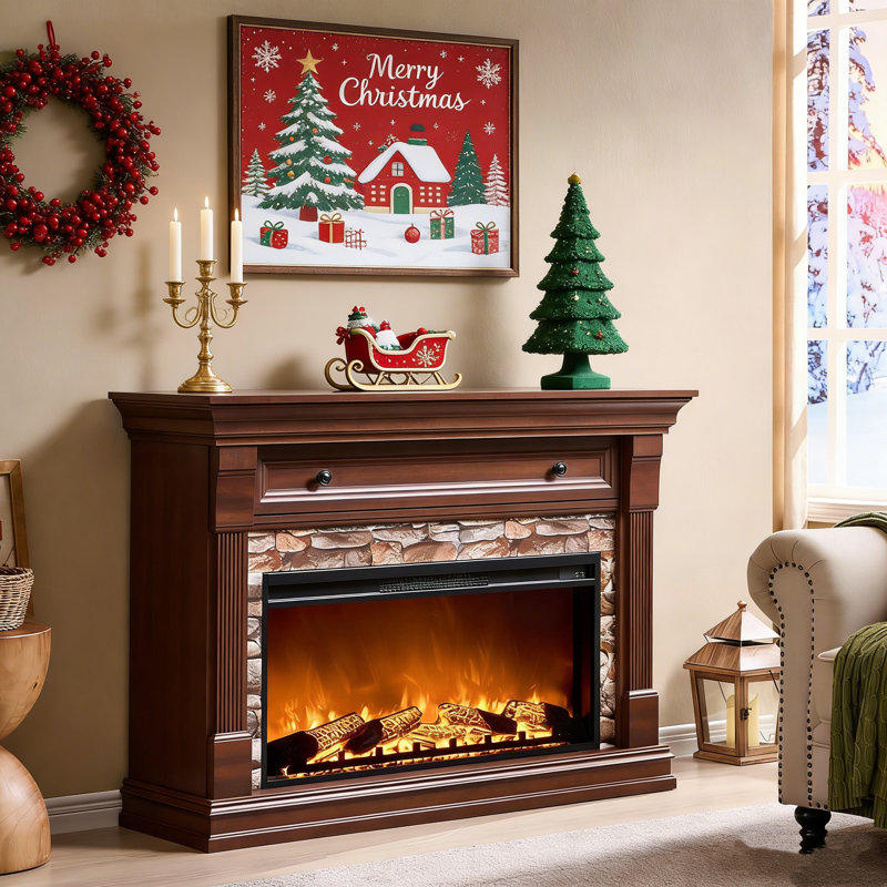 Farmhouse 52" Tv Stand With Electric Fireplace Mantel & Storage Cabinets With 36" Freestanding Heater, Remote-Controlled Adjustable 3D Flames