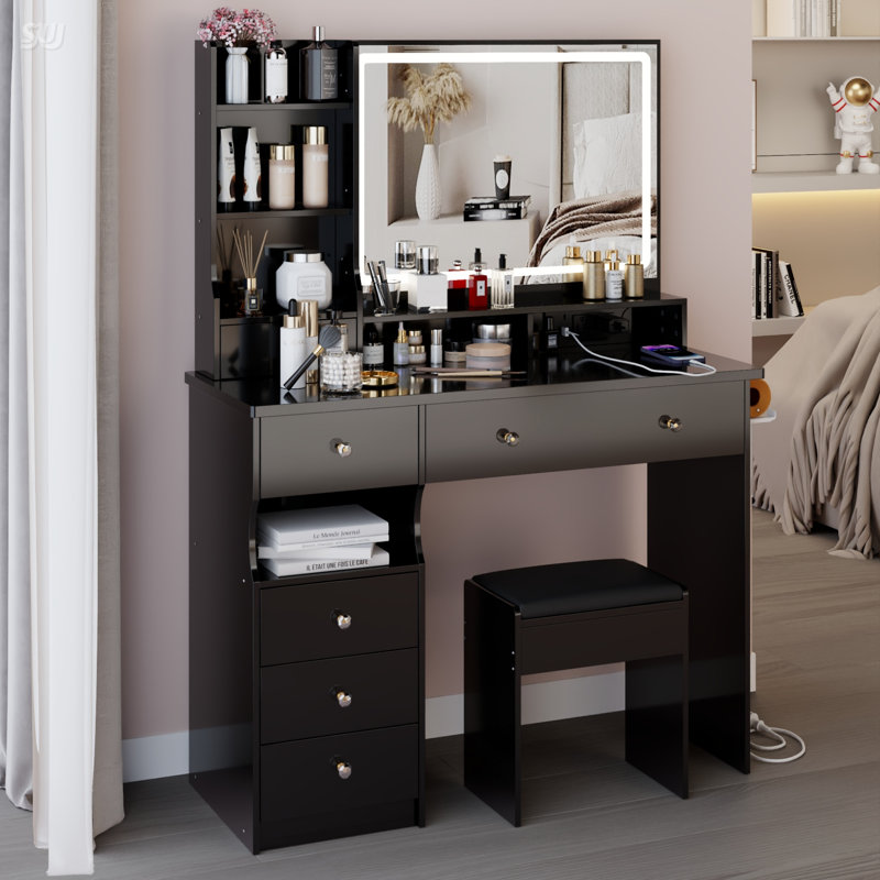 41-Inch Large Vanity Table Set With Cushioned Stool, 2 AC+2 USB Power Station, Hair Dryer Stand, And 3-Color LED Mirror
