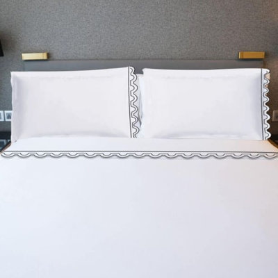 400TC U Shape Scallop Embroidery Cotton 4 Piece Sheet Set Fitted Sheet Fits Upto 16" Deep Pocket
