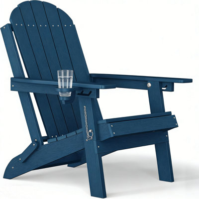 Foldable Adirondack Chair with Adjustable Backrest Outdoor HDPE All Weather Plastic Folding Patio Chair with Cup Holder for Lawn, Garden, Poolside, Navy