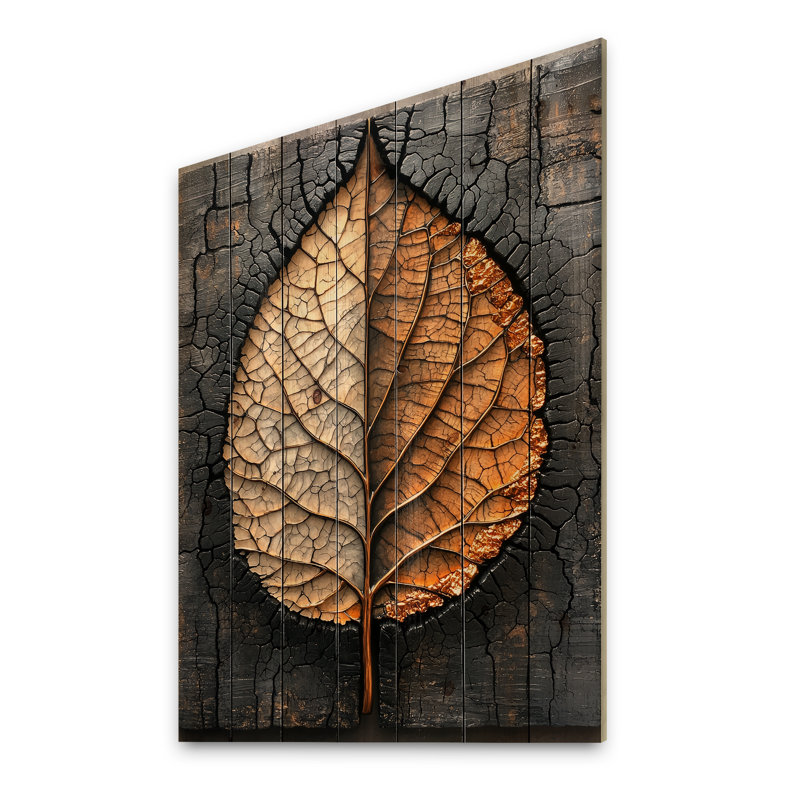 Modern Dark Leaves Symmetry Of Winter I - Leaves Wood Wall Art - On Natural Pine Wood, 40" H x 30" W x 0.78" D