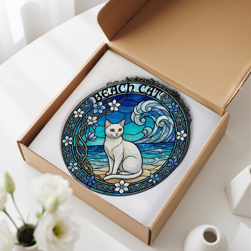 7.8"H Beach Cat Stained Glass Window Panel, 7.8" H x 7.8" W