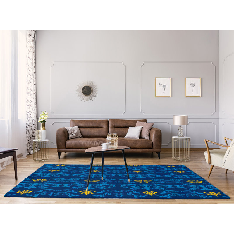 Tapis bleu marine / jaune Damask, Rectangle 9 pi x 12 pi