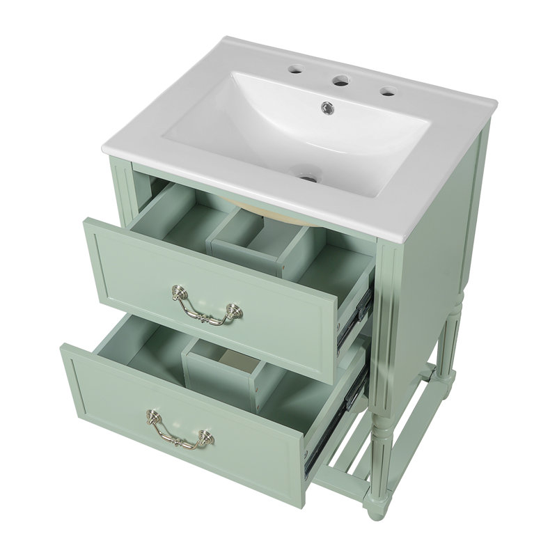 Meuble-lavabo de 24 po avec lavabo en céramique, armoire de salle de bain avec deux tiroirs à fermeture en douceur et une tablette ouverte