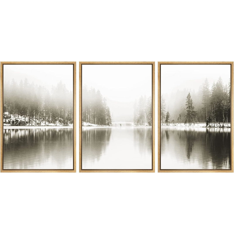 Nature paysage, reproduction d'art sur toile encadrée, ensemble brumeux, neige, forêt, lac, réflexion, nature sauvage, photographie, art moderne, paysage rustique pour le salon, la chambre à coucher, le bureau, reproduction sur toile, 3 pièces