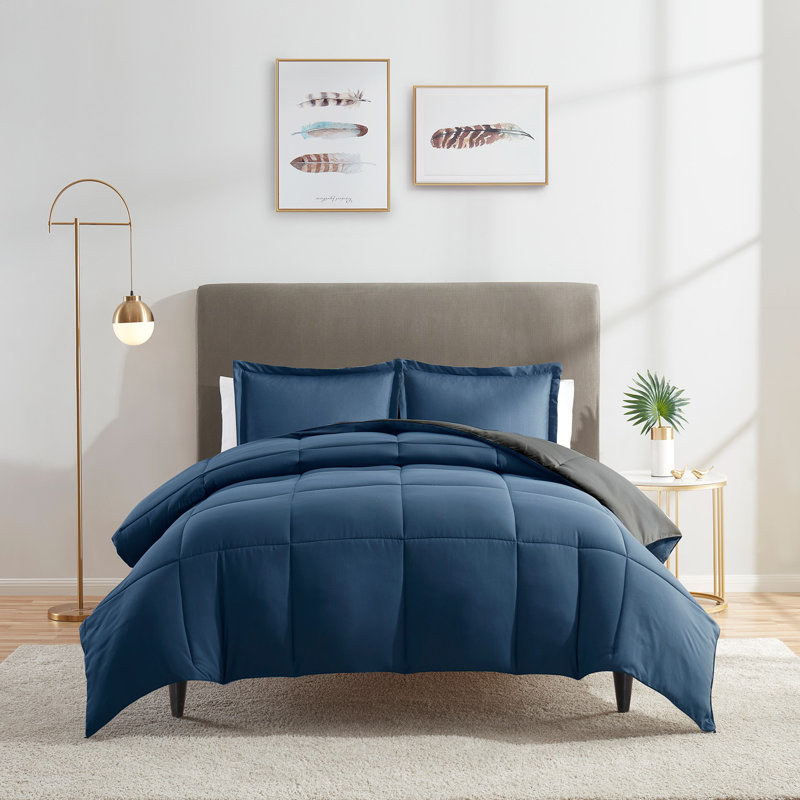 All Season Down Alternative Reversible Comforter Set, Twin Comforter + 1 Standard Sham, Navy/Gray