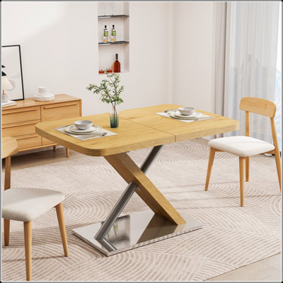 47.25''-63'' Modern Glossy Dining Table For 4-6 People, Extendable Dining Table With Crossed Metal Base And Stainless Steel Tubes