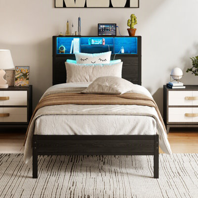 Twin Bed Frame With Charging Station And Strong Storage Capacity, Metal Platform Retro Wooden Headboard & , Noiseless , Ideal For Bedroom Black Brown Plug Storage, Industrial