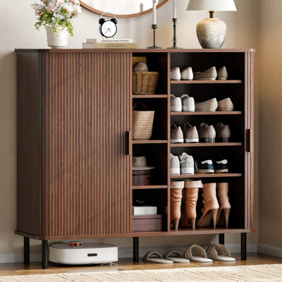 48" W Shoe Storage Cabinet with Sliding Tambour Doors & Adjustable Shelves, 30 Pairs 5-Tier Entryway Shoe Rack Organizer with Open Storage