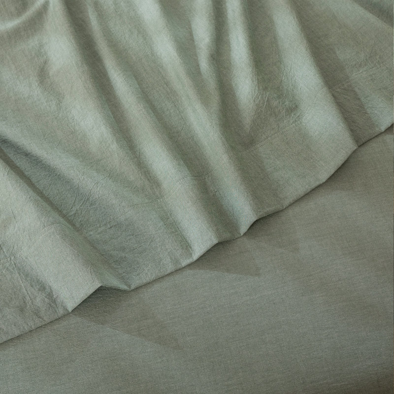 MooMee Flat Sheet 100% Washed Cotton Linen Like Textured Breathable Lightweight, Green, King Flat Sheet