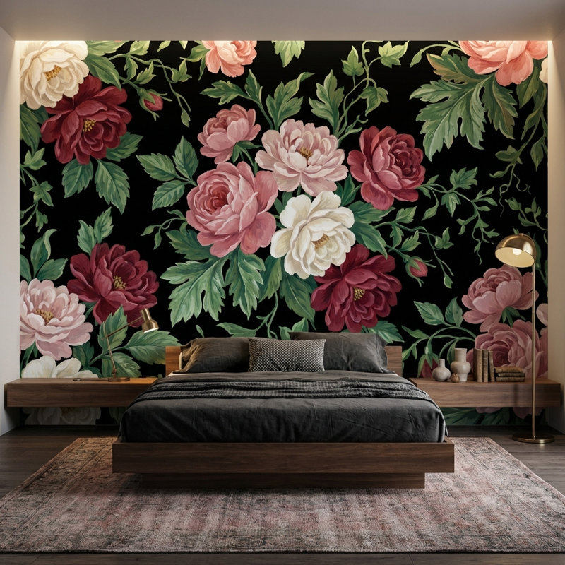 Papier peint vintage à motifs floraux, fresque murale noire unie., 180"x120", Peel and Stick