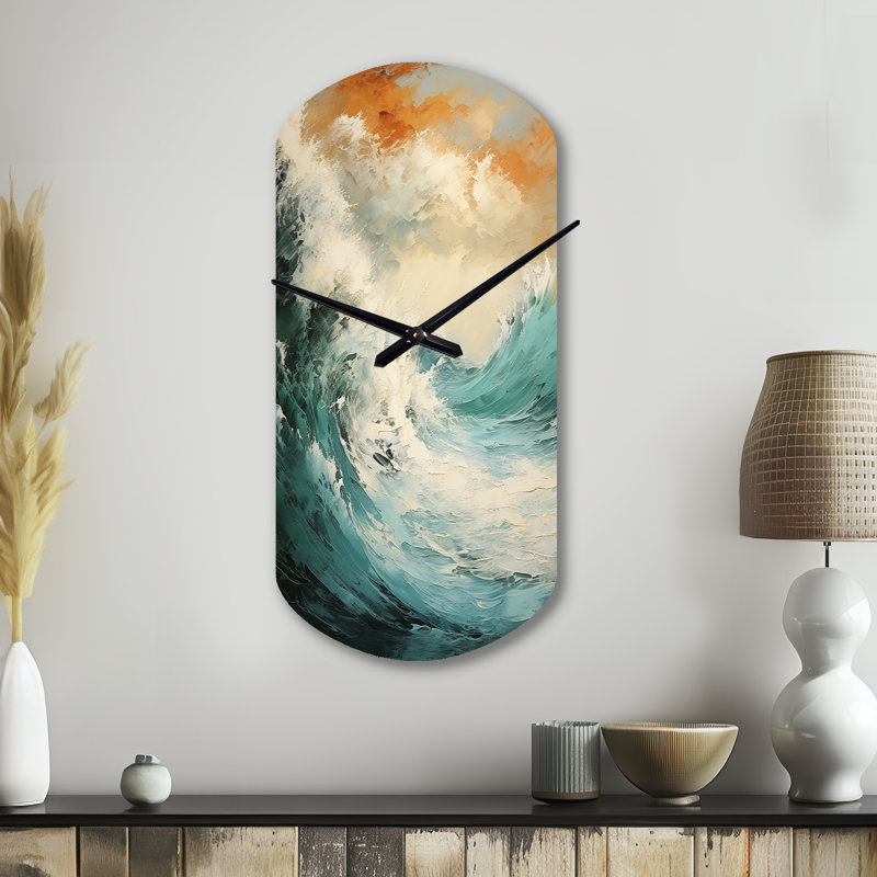 Horloge en métal bleu et moderne Modern Coastal Wave - Ocean, Grand