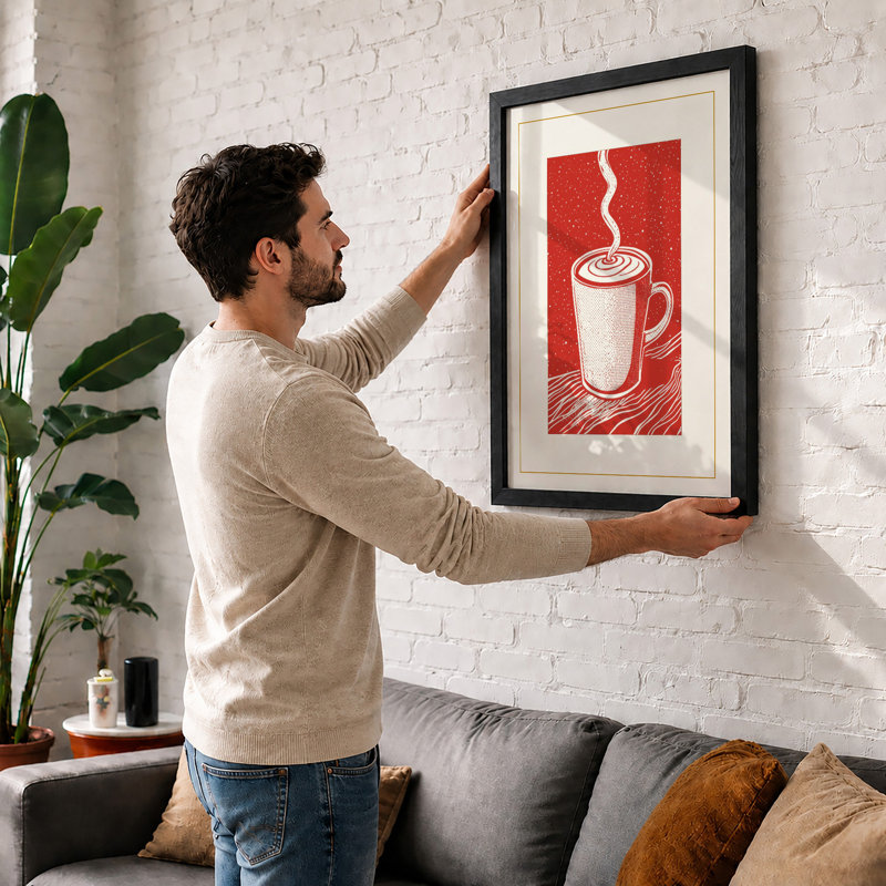 Steaming Cup Graphic Art - Framed Print, A1 - 84.1 x 59.4 cm, Oak