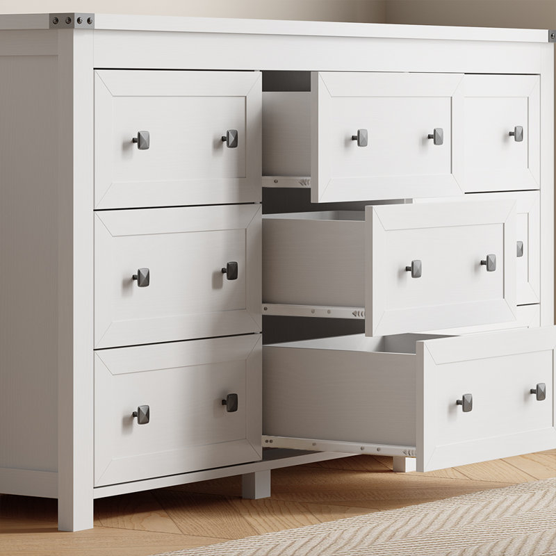 9-Drawer Dresser for Bedroom, Modern Wide Chest of Drawers, Wooden Storage Organizer, White/Sturdy