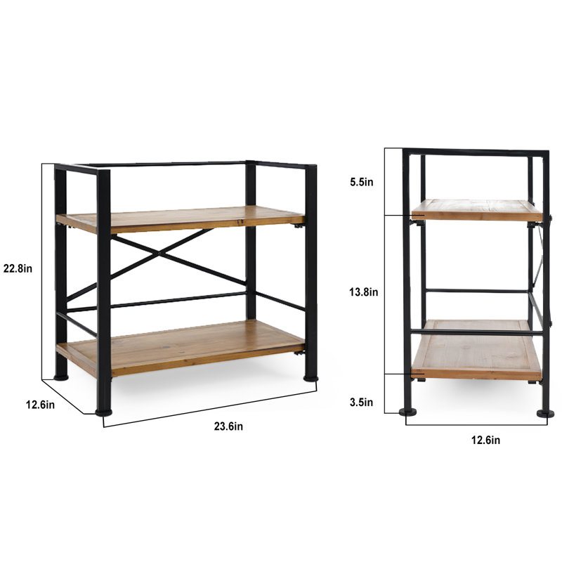 Iron Solid Wood Etagere Bookcase, Black, (2 Shelves ) 22.8" H x 23.6" W x 12.6" D