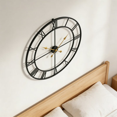 Grande horloge murale 20 pouces avec chiffres romains, décor de ferme moderne pour le salon, mouvement à quartz silencieux, cadre en métal noir mat