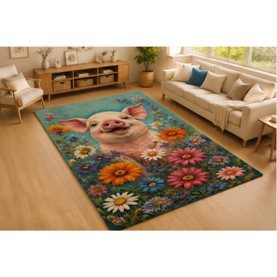Tapis de jardin de cochon mignon pour jardin de 5 pi x 7 pi «Ulta Light Poids léger» avec envers en silicone antidérapant Tapis de ferme pour chambre d'enfant Bleu