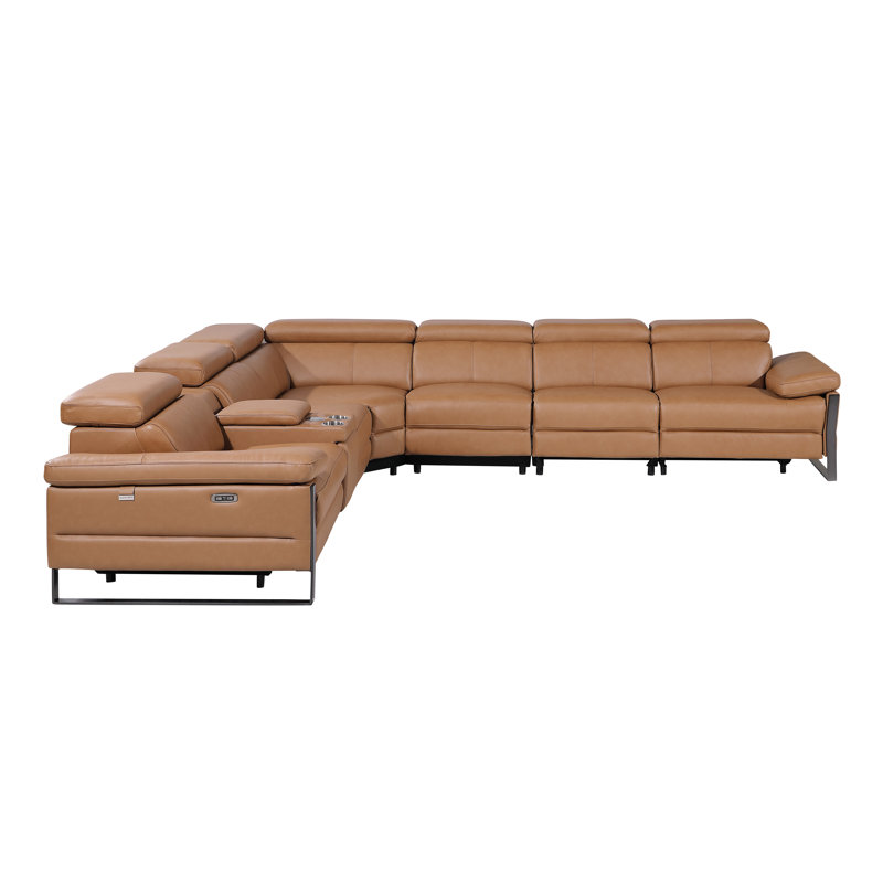Top Grain Italian Leather 7-Piece L-Shaped Modular Power Reclining Sectional With 4 Power Recliners & Power Headrests