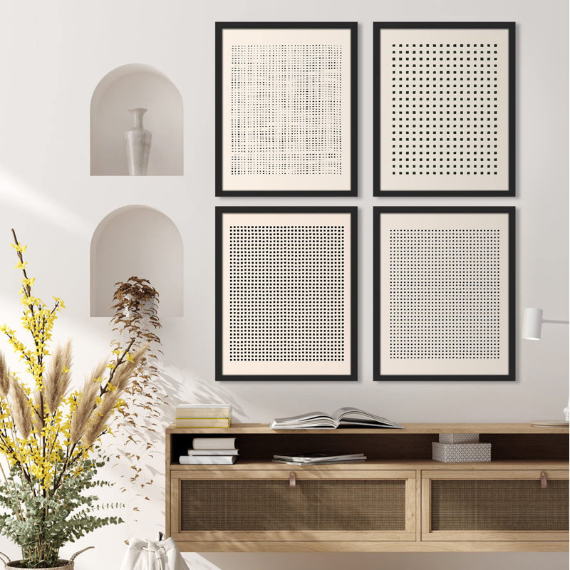 Motif géométrique à pois encadré sur papier, 4 pièces, H 16 po x l 12 po, Noir