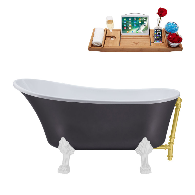 55" Streamline Clawfoot Soaking Acrylic Bathtub With Drain, Clawfeet, and Bamboo Tray, Glossy White, Brushed Gold