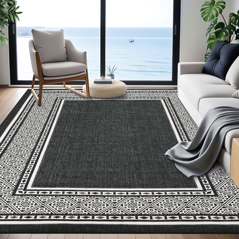 Modern Neutral Bordered Area Rugs, Black 8'X10' Soft Washable Non Slip Solid Geometric Large Throw Carpet for Living Room Bedroom Dining Nursery Apartment Dorm Office Farmhouse Home Decor