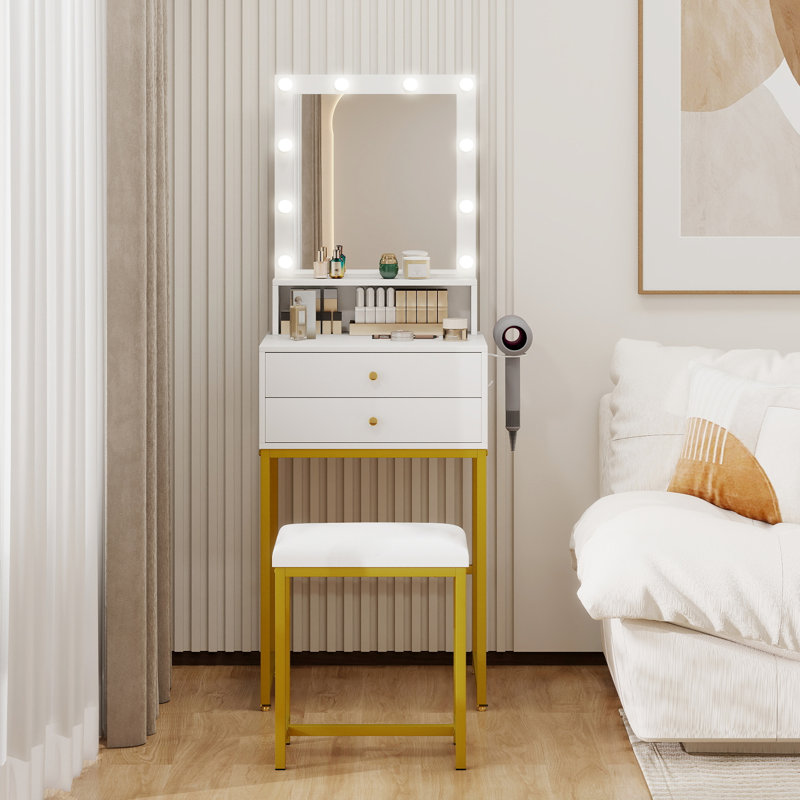 Bureau de coiffeuse avec miroir et lumières, coiffeuse de maquillage blanche avec tabouret de rangement