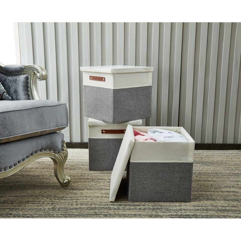 Decomomo Stackable Foldable Cube Storage  With Pu Handles Fabric Bin Set, Gray/White, 11" H x 11" W x 11" D
