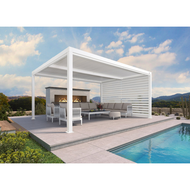 Louvered Pergola Accessories Pull Down White Roller Shade Privacy Shade Sun Side Shade, Pergola Not Included, 135.96" W