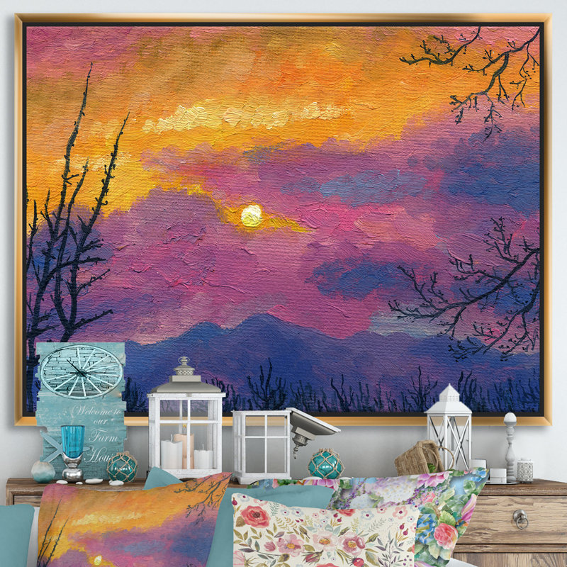 Coucher de soleil sur les montagnes - reproduction d'art sur toile, H 12 po x l 20 po x p 1 po, Toile encadrée d'or