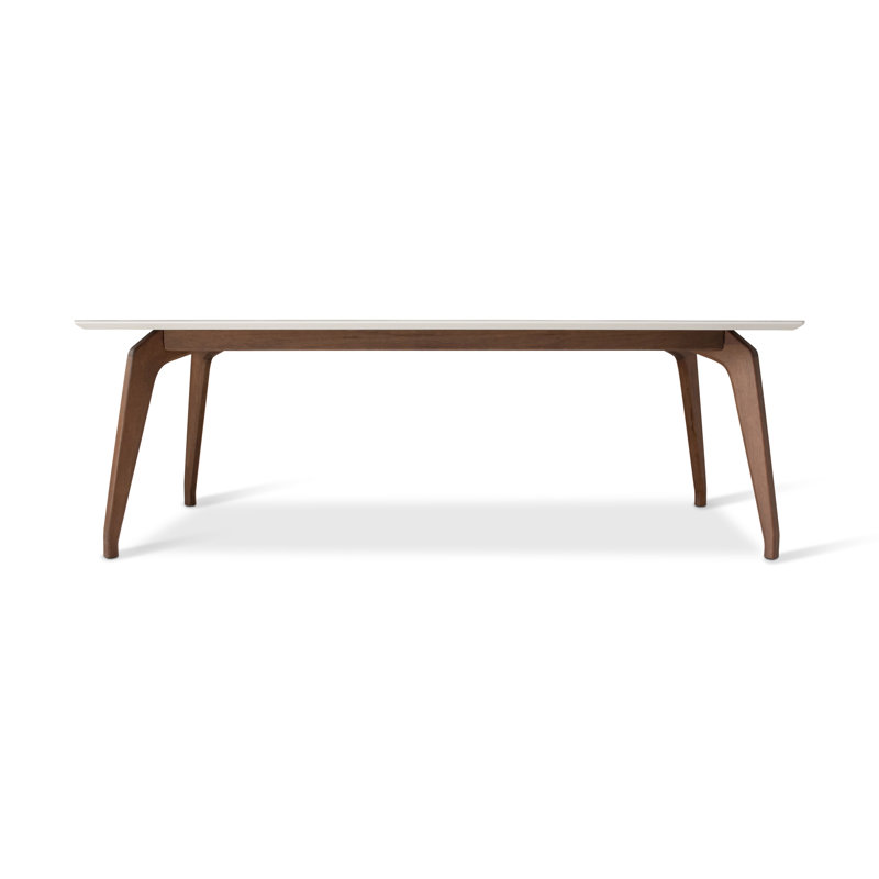 Rectangular Off-White Glass Top Dining Table with Nogal Wood Base