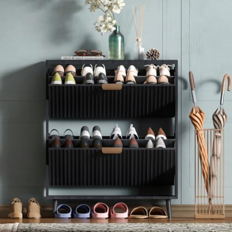 Shoe Cabinet Storage,Modern Freestanding Organizer With 2 Flip Drawers,Narrow Shoe Rack Cabinet For Entryway,Black, Black, 2