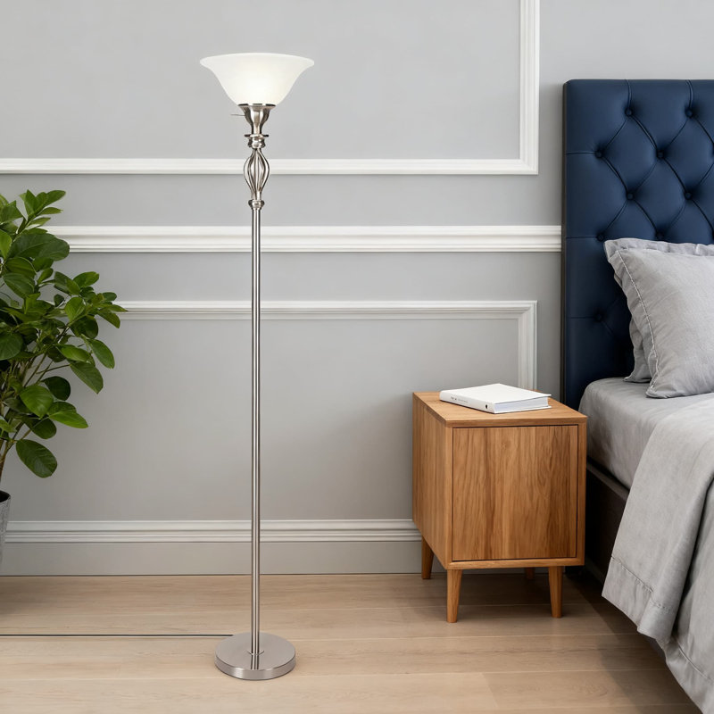 Torchiere Floor Lamp With White Alabaster Glass Shade, Brushed Nickel Standing Lamp For Living Room, Bedroom, Or Office - Modern Minimalist Pole Lamp Design