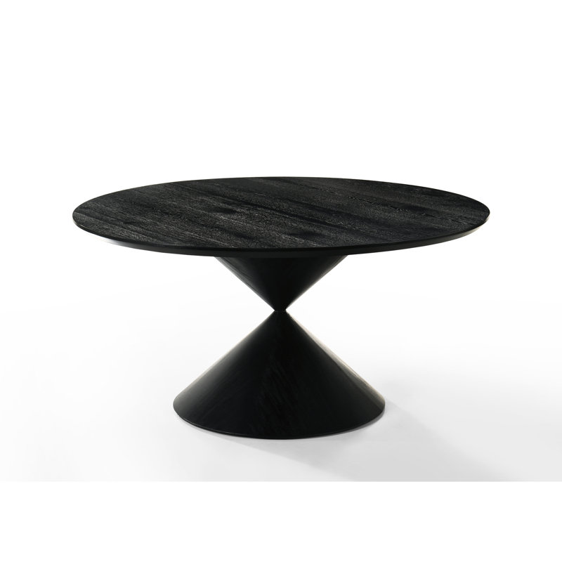 Table de salle à manger ronde 59 ", finition ébène, base, bois massif +, aspect naturel noir, surface en placage