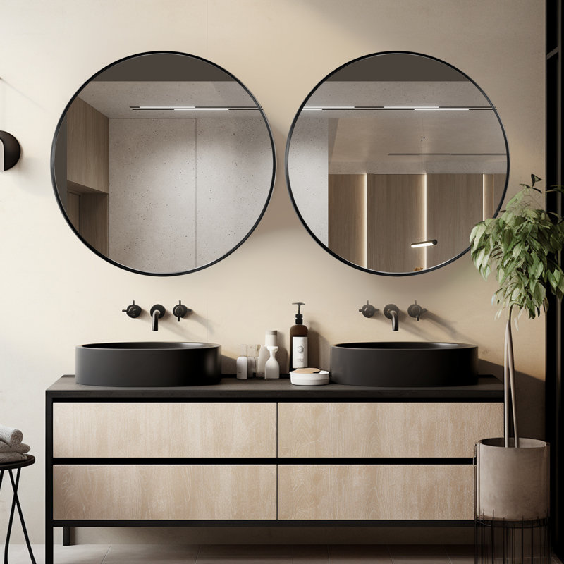 Karrina Round Metal Accent Mirror, Black, 32" x 32"