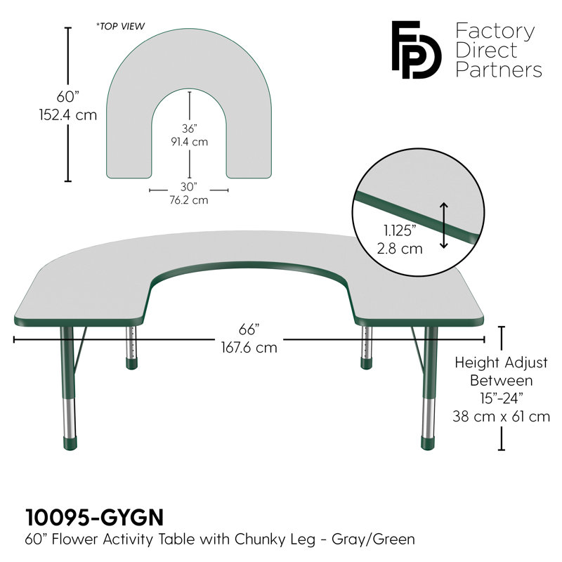 Table d'activité 60 "x 66" en forme de T avec pieds réglables, Gris/vert, Épais, Vert