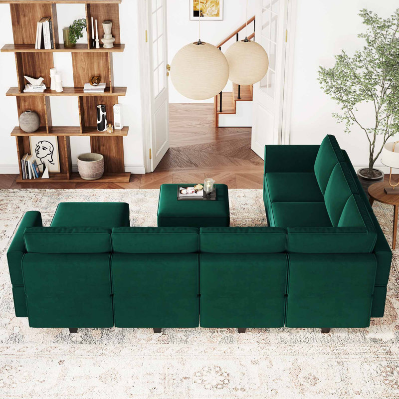 Ridoy 9-Piece Velvet Convertible Modular Sofa Sectional Livingroom Sofa Set, 8 Storage Ottomans with 7 Backrest, Green Velvet