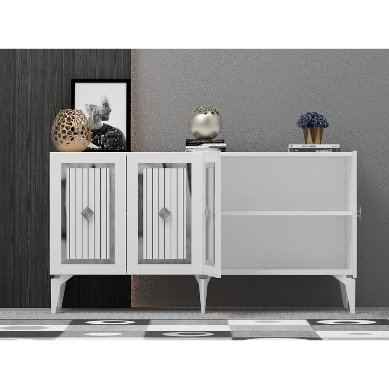 Modern Console Table, White & Silver, 100% Melamine Coated Particle Board, Thickness: 0.7 inches | Stylish Striped Design, Perfect for Living Room & Entryway, Durable & Elegant