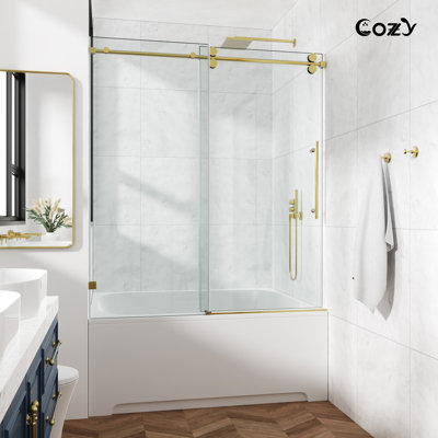 56-61" W x 66" H Single Sliding Frameless Tub Door with 3/8" (10mm) Clear Tempered Glass, Shatter-Resistant Film & Installation Hole Locator - Round Top Rail