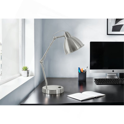 Éclairage, H 17 po, lampe de table, port USB inclus, nickel métallique, abat-jour nickel, moderne