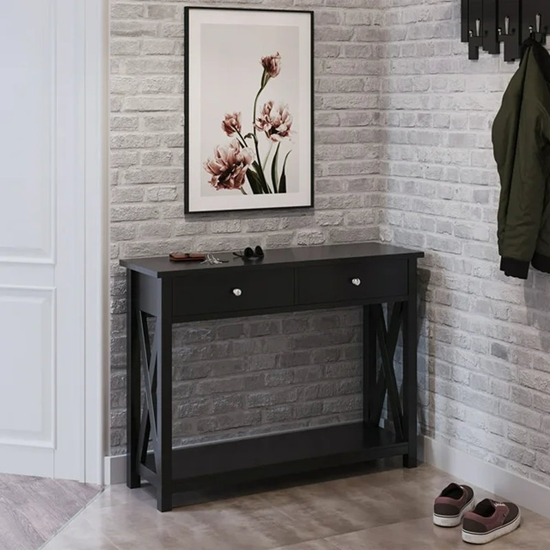 Black Wood and Metal Console Table with Storage Drawers