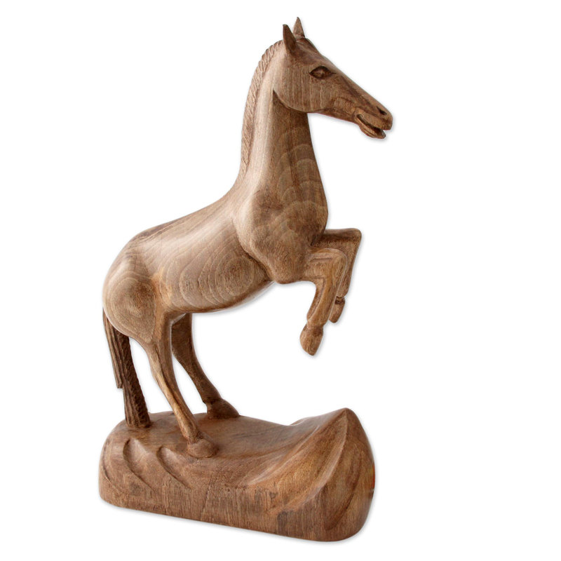 Artisan Crafted Walnut Wood of Rearing Horse Figurine