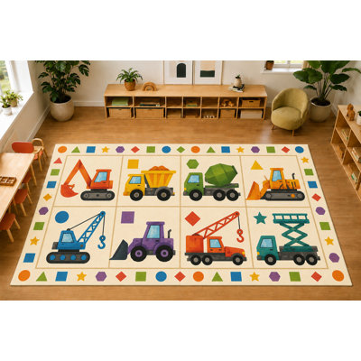 "Ultra Thin" 5' x 7' Construction Trucks Area Rug, Soft Low Pile Indoor Rug with Non-Slip Silicone Backing for Kids Room Playroom, Ivory
