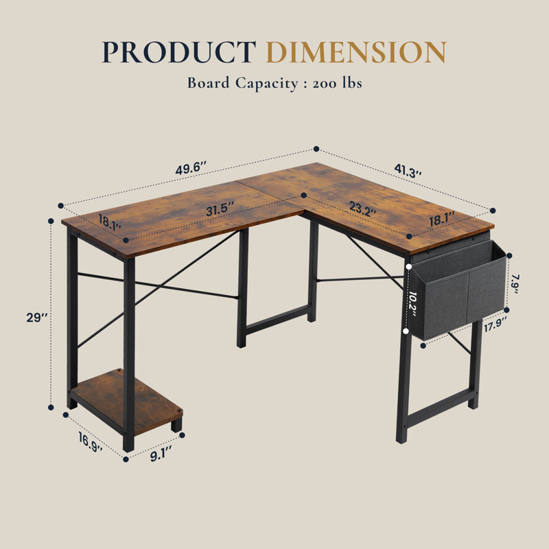 Bureau en L réversible de 50 po de large avec sac de rangement Hussan, Brun, Bois aggloméré