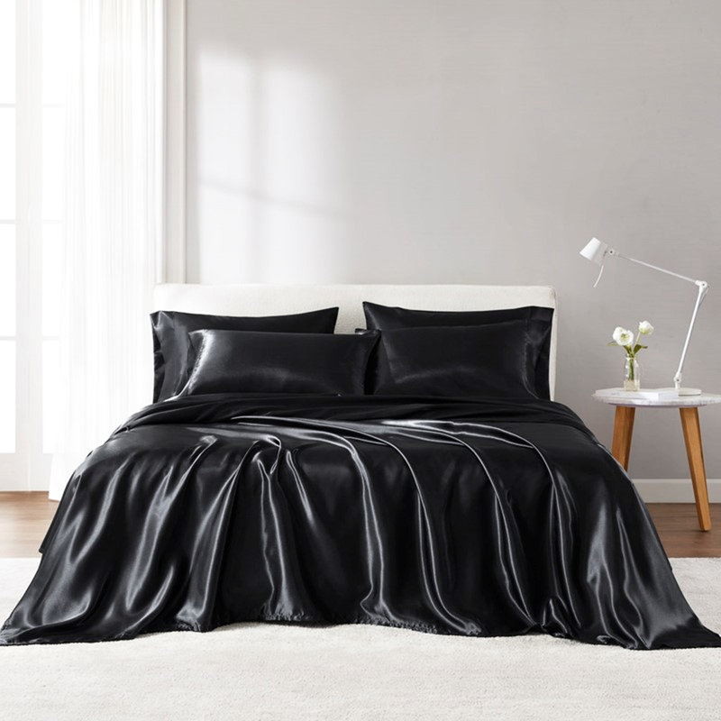 Drap simple de luxe 100% satin noir 4 pièces - froissé, doux et lisse, doux pour la peau, frisottis apprivoisé, 1 plat, drap-housse, taies d'oreiller, plat soyeux