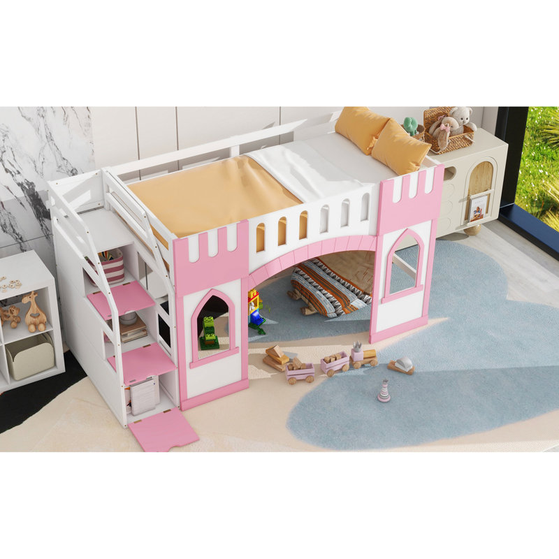 Lit mezzanine simple rose avec escalier de rangement et fenêtre sécurisés - structure panoramique en bois, Rose