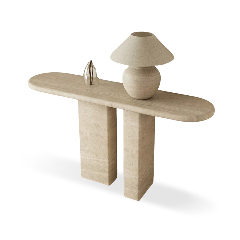 Beige Stone Oval Console Table, 33.46" H x 47.24" W x 13.78" D