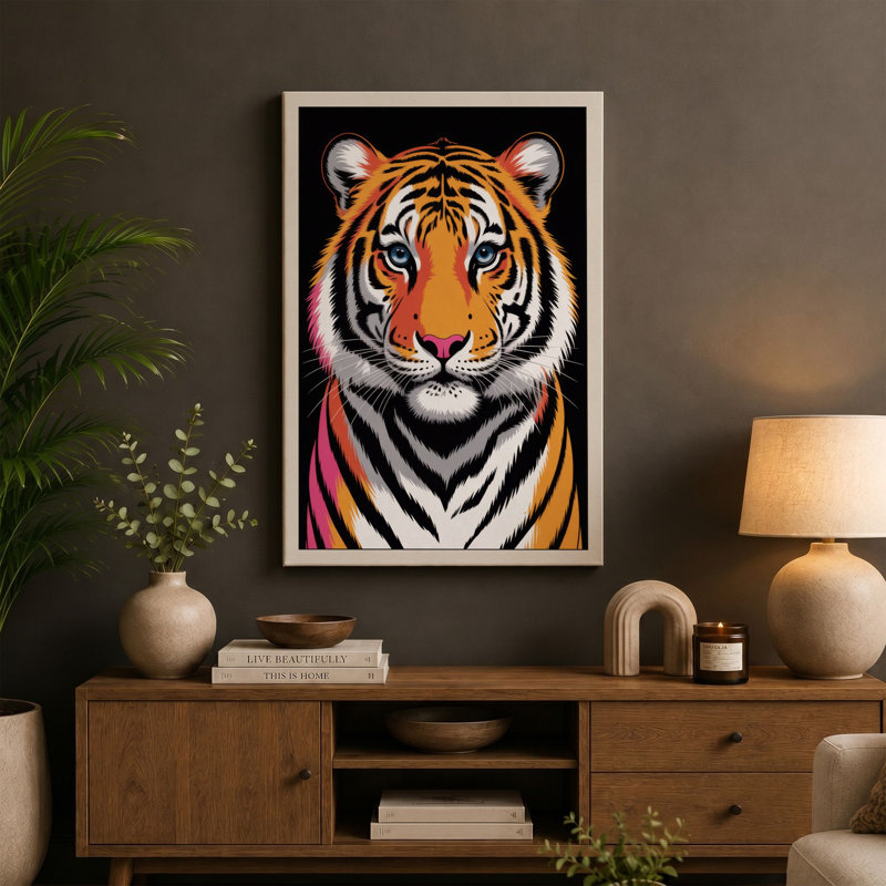 Tiger's Intense Gaze Modern - Wrapped Canvas, 36x24 - 91.4 x 61.0 cm, Terracotta Border